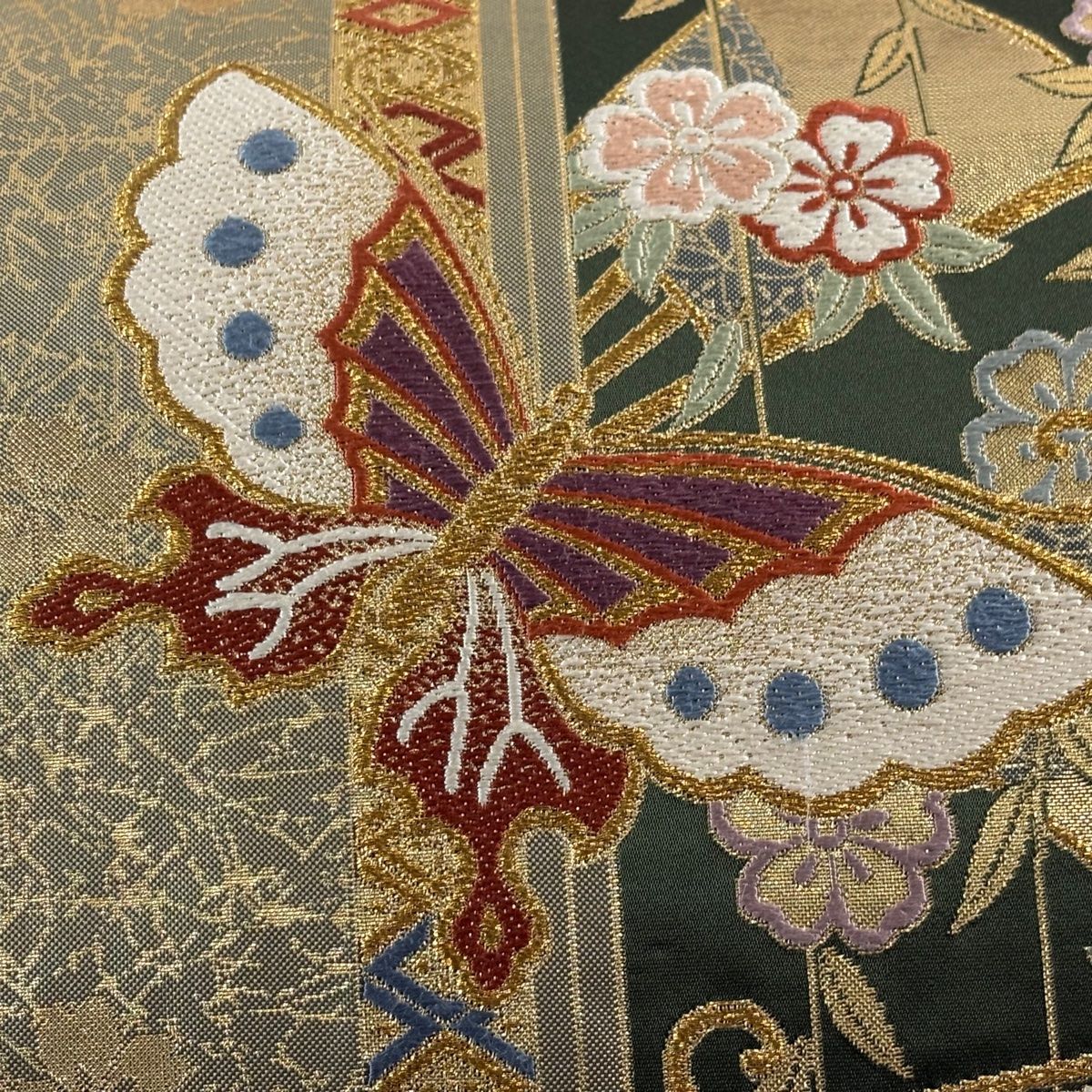 袋帯 美品 秀品 振袖向き 蝶 扇 箔 金糸 金色 六通 正絹 【中古