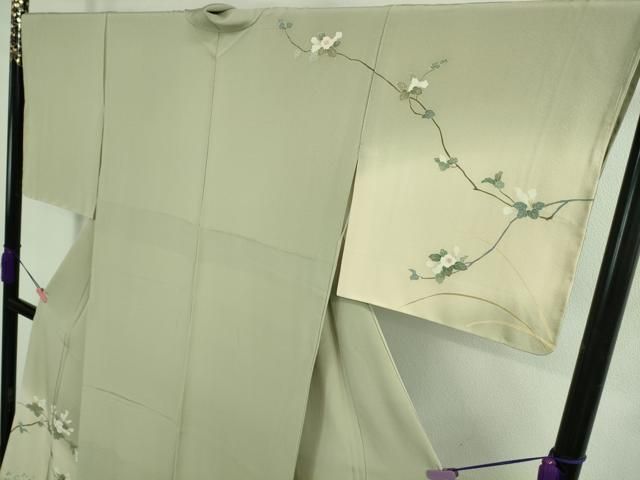 平和屋着物■極上　訪問着　友禅　作家物　枝花文　柳鼠色地　暈し染め　逸品　DZAB0165kh5 平和屋着物□極上 訪問着 友禅 作家物 枝花文 柳鼠色地 暈し染め 逸品