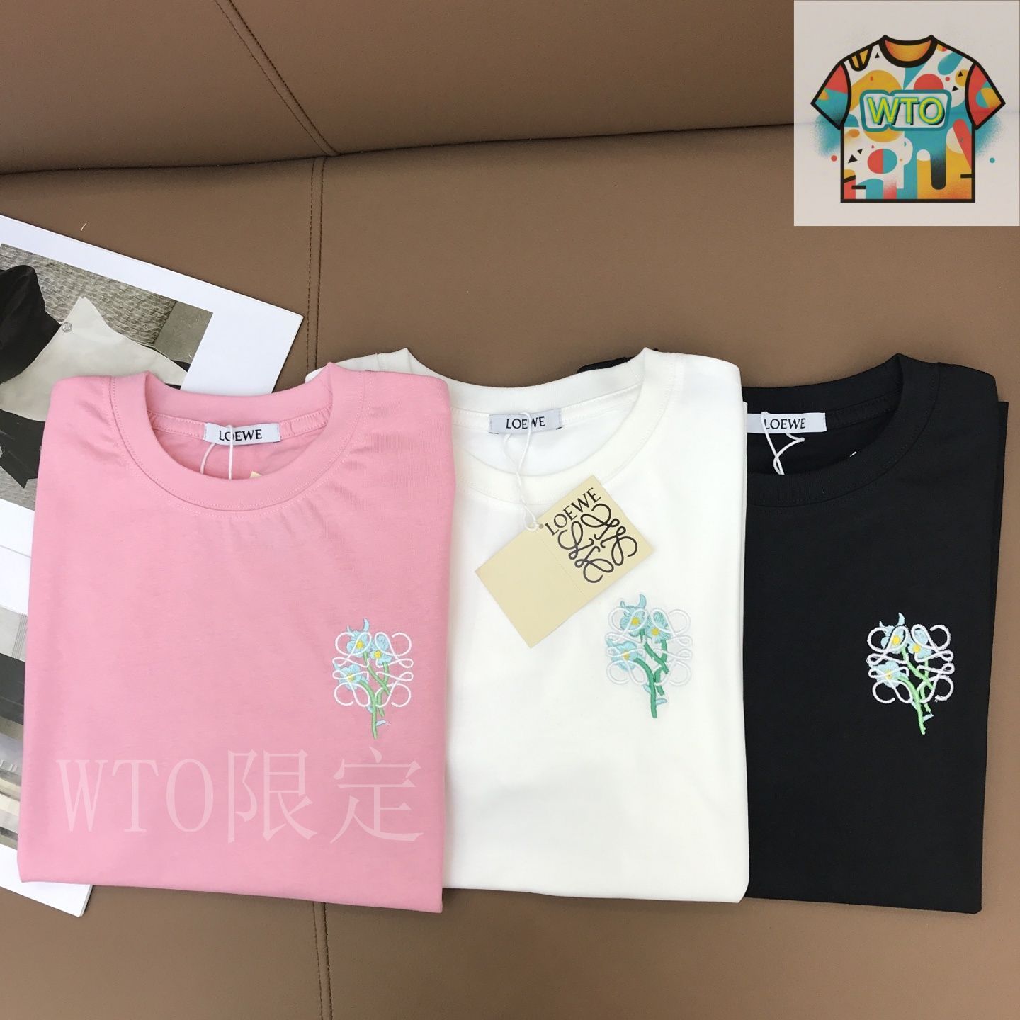 今日特価】Loewe 刺繍花束微辺 丸首ショートスリーブ T シャツ-2