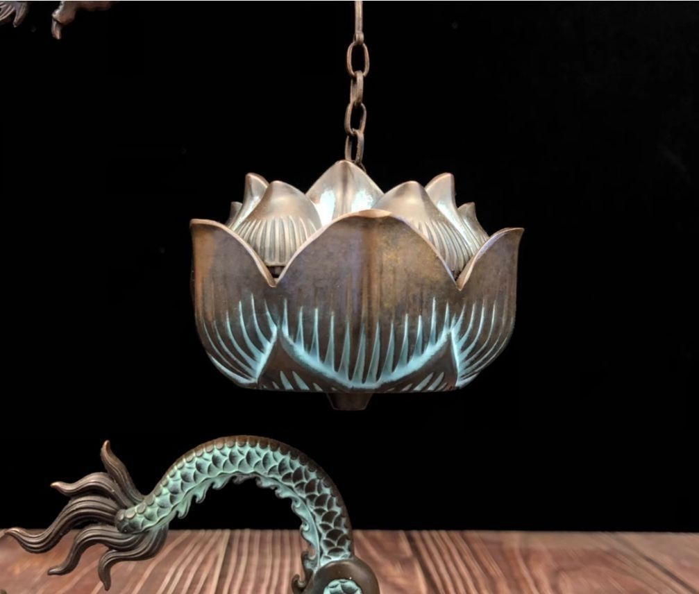 ♥ 銅 細工 彩藍蓮華龍弔り式香炉 倒流香 装飾品 現代工芸品 美術品 置物