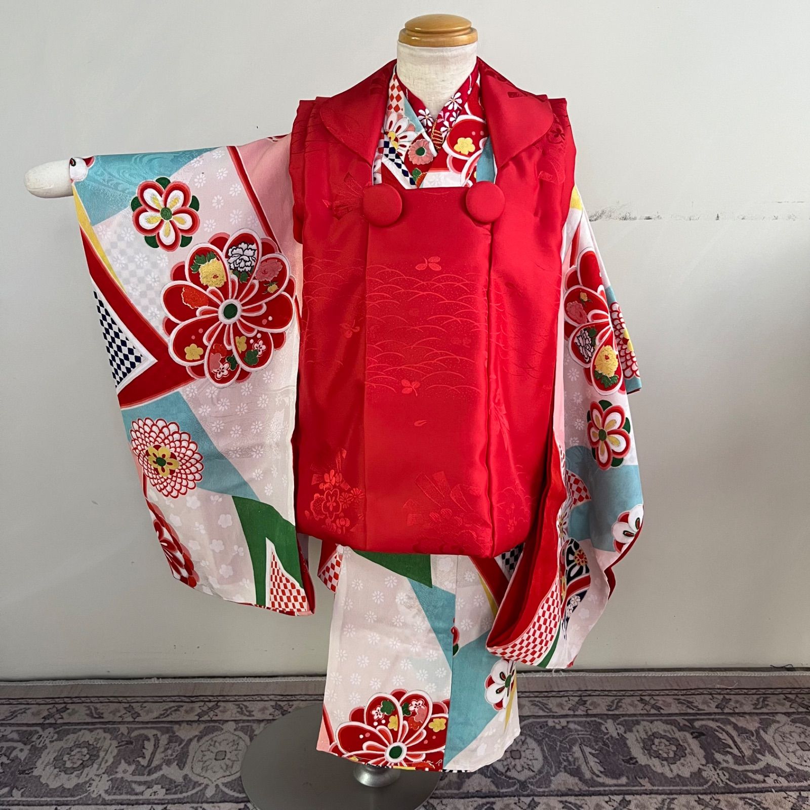 アンティーク 七五三3歳女の子着物 半襦袢 被布セット レトロ ＃きもの猫田 T377