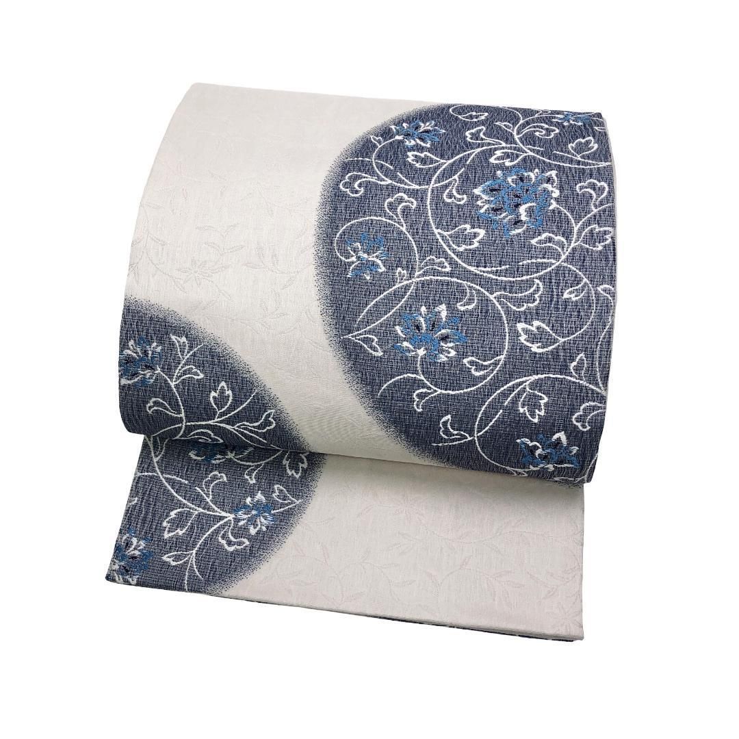 袋帯 国選定阿波藍染天然灰汁建 認定証付 花唐草模様 胡粉色 O-5642