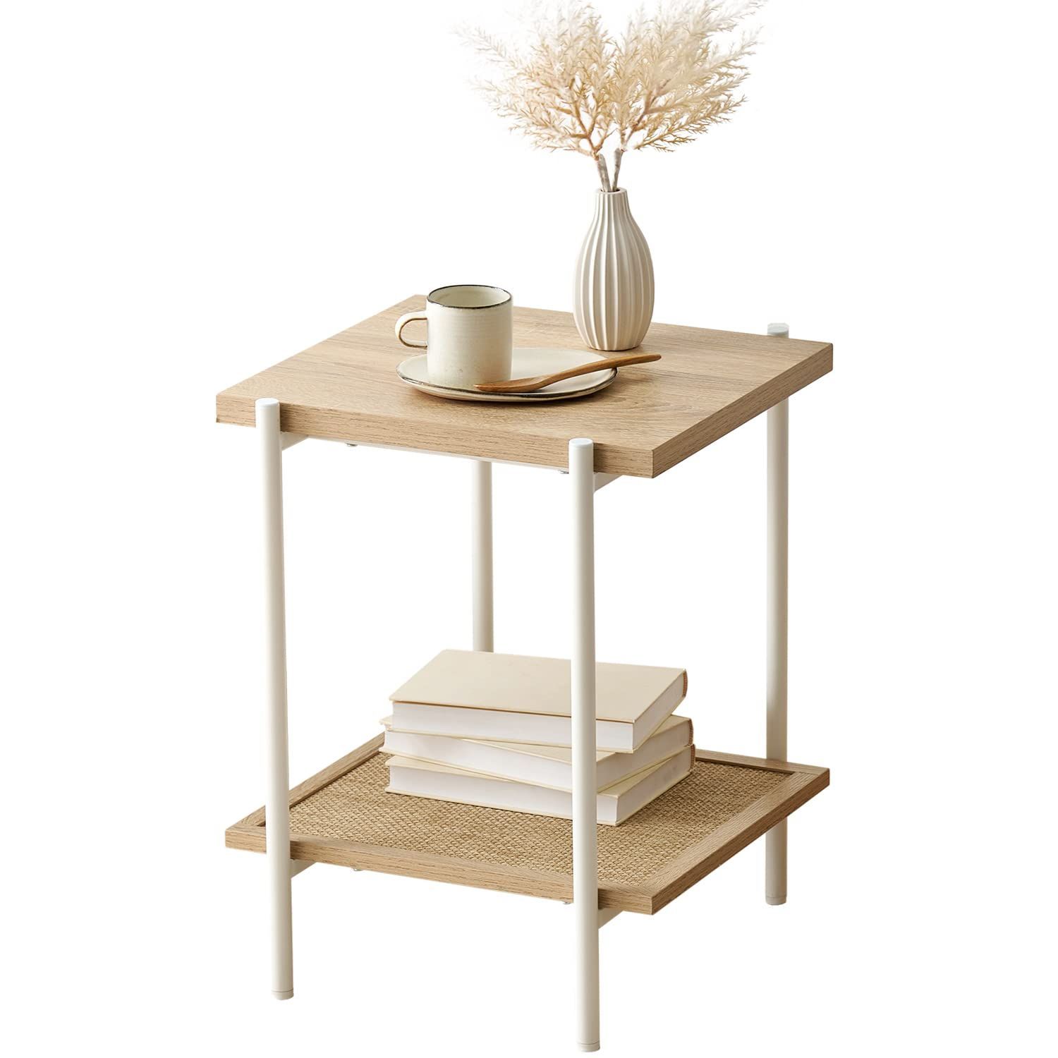 萩原 サイドテーブル ソファサイドテーブル 四角 ラタン 籐 韓国風 インテリア 幅39 奥行39 高さ51 1台 ホワイト KST-3173NW