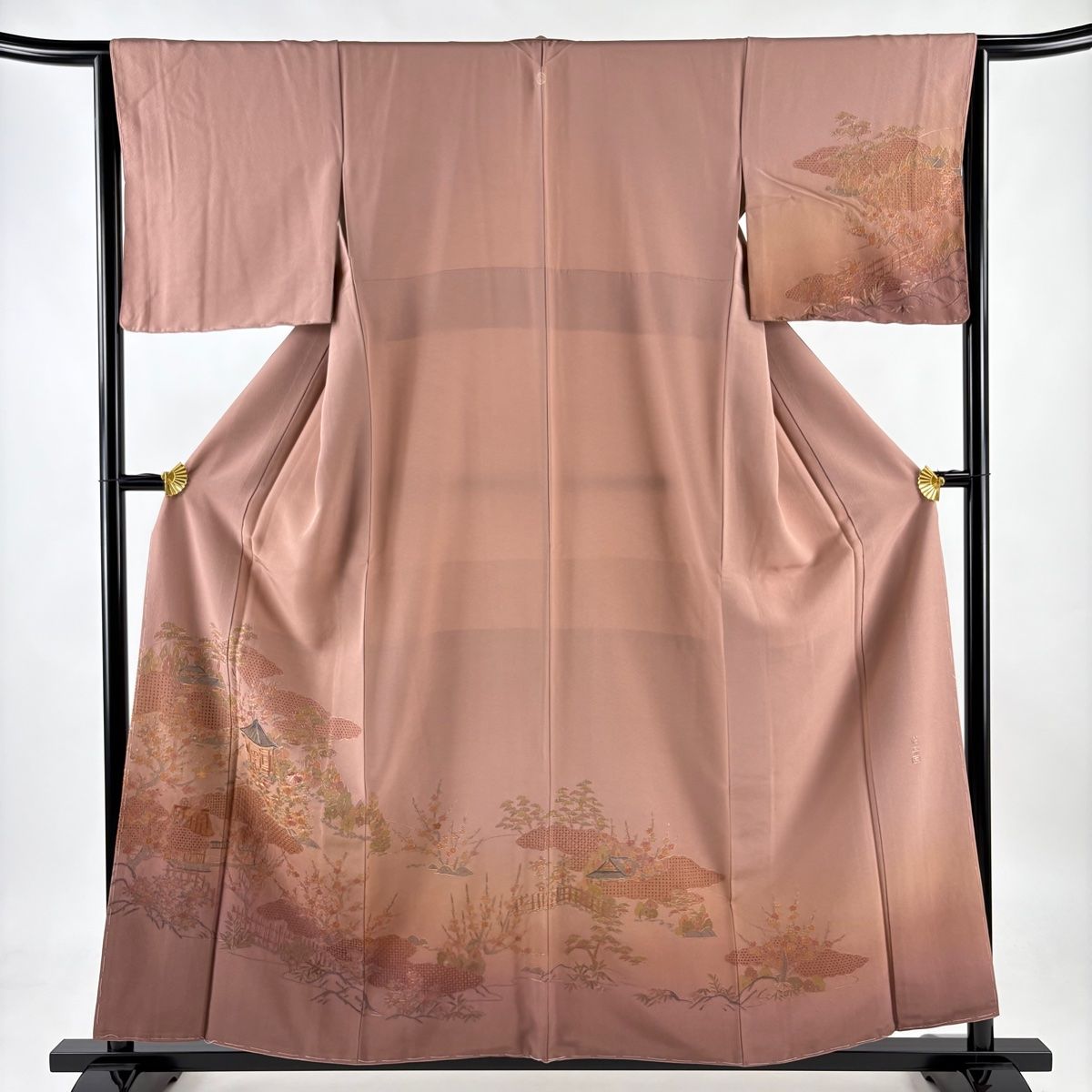 訪問着 身丈156cm 裄丈65cm M 袷 偕楽園 雲文 刺繍 ぼかし ピンクベージュ 正絹 秀品 一つ紋