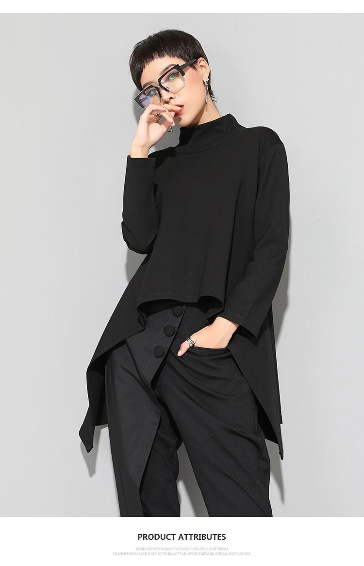 期間限定割引40%！ アシンメトリーTシャツ 即 OK レディース トップス 長袖 ハイネック スウェット カットソー プルオーバー 裾変形デザイン 無地 モード系 個性的 体型カバー カジュアル メンズ ユニセックス nuoshi07