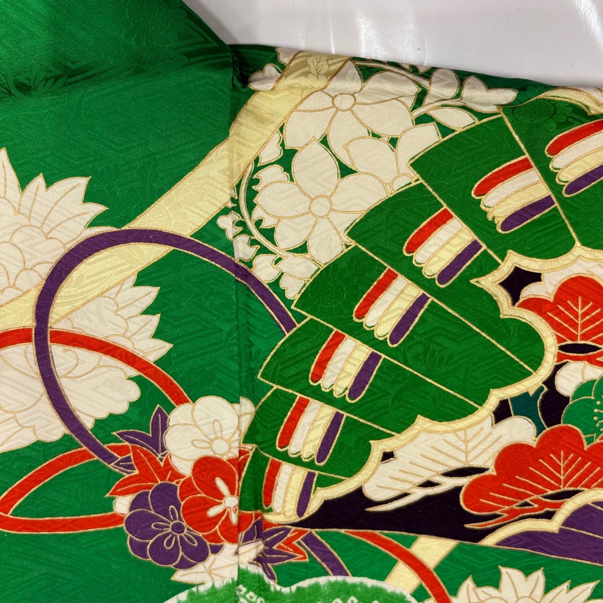 振袖 身丈163cm 型友禅 緑 松竹梅 花尽くし 金刺繍 檜垣