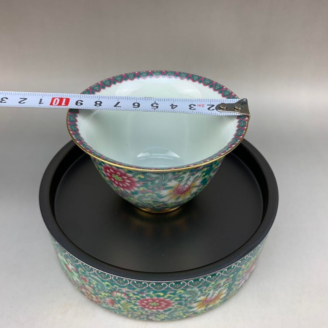 雍正緑地琺瑯彩の蓋碗茶託一セットで