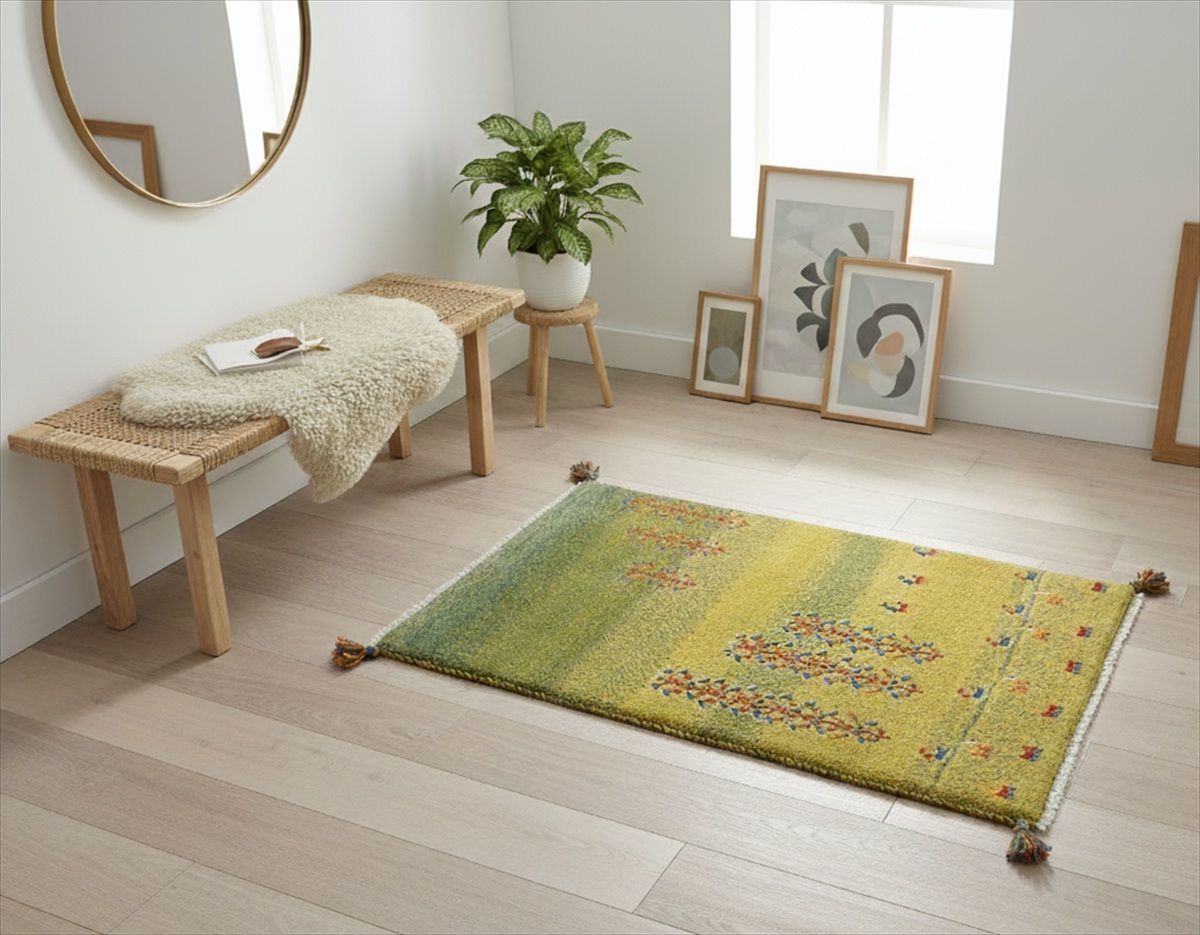 ペルシャ ギャッベ 玄関マット ラグ 95x58cm 黄緑色 緑色 生命の木 羊ヤギ 風景画 RJ13593