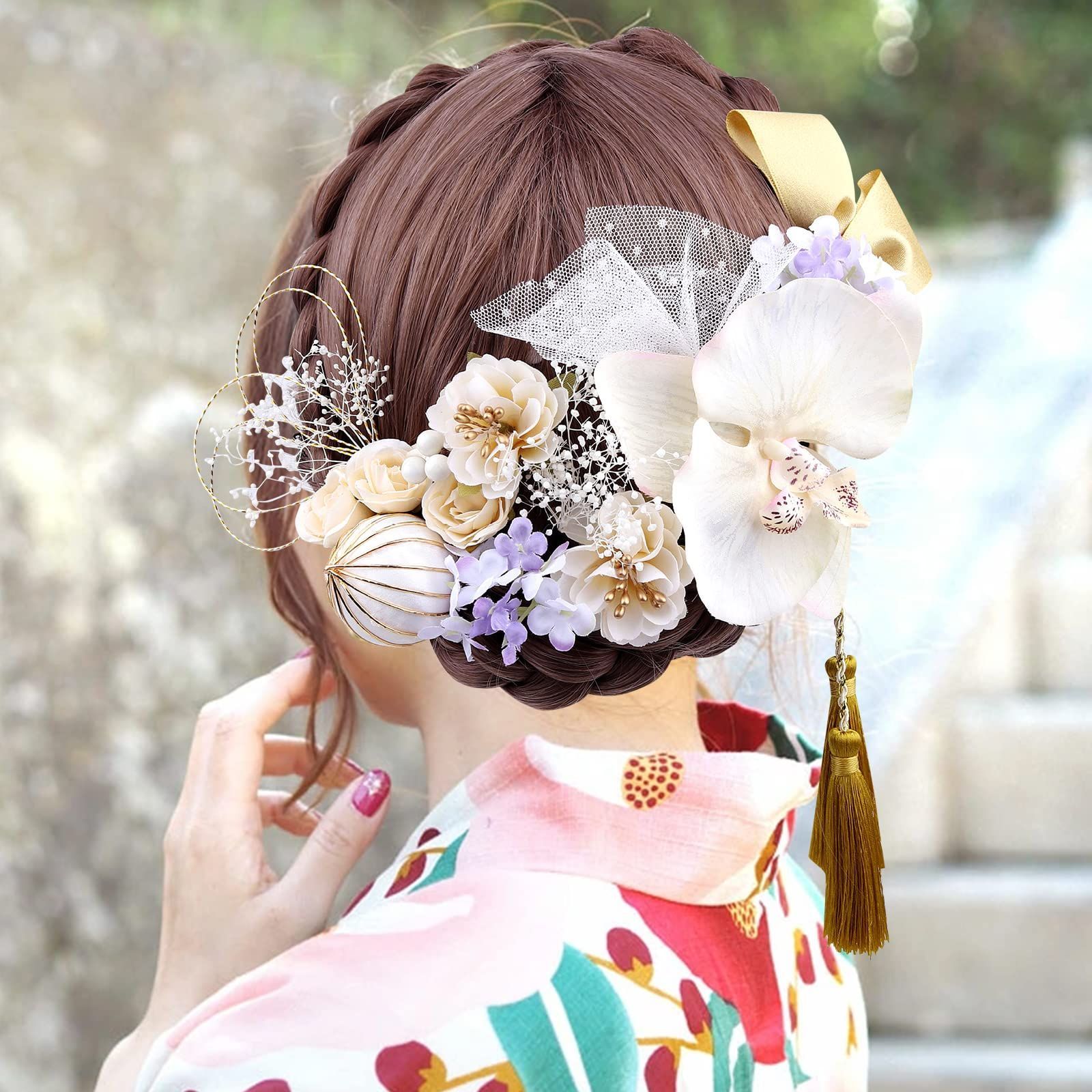 ヘッドドレス 造花 髪飾りセット 結婚式 成人式 - ヘアアクセサリー