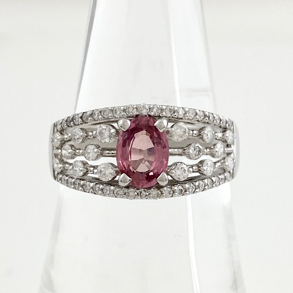 パパラチアサファイア デザインリング プラチナ 指輪 メレダイヤ