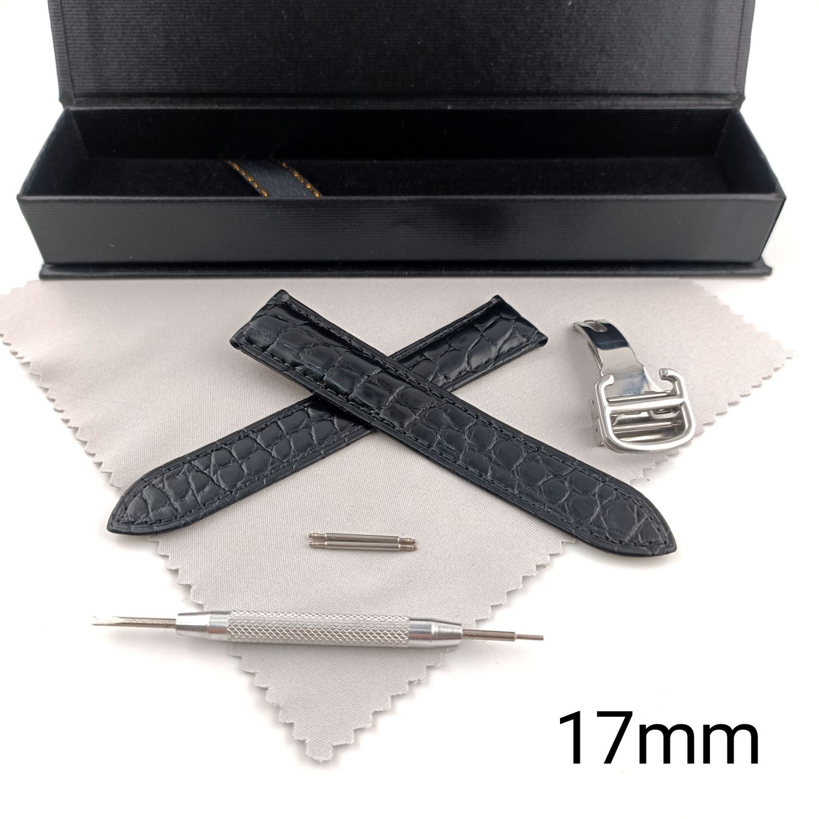 17mm 腕時計 アリゲーター レザー ベルト ブラック 黒 防水仕様  