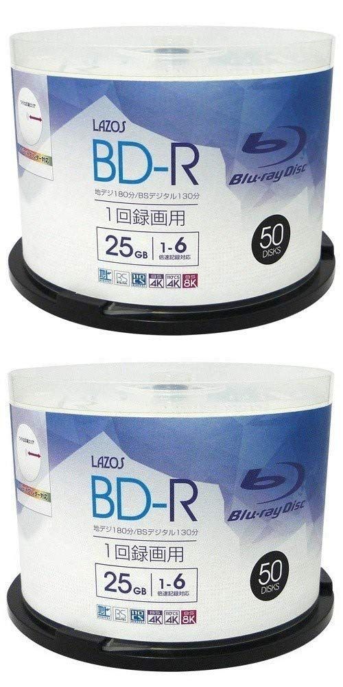 【人気商品】ホワイトワイド印刷対応 50枚組 1回記録用 1-6倍速対応 スピンドルケース入 25GB L-B50P BD-R ｘ2個セット Lazos
