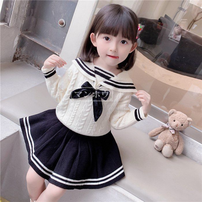 長袖ニットセットアップ 子供服 カジュアル キッズ 女の子 リボン ニット セーター セーラー スカート 春 秋 冬 上下セット 学院風 通学 小学生 卒業式 入学式 kPUH628