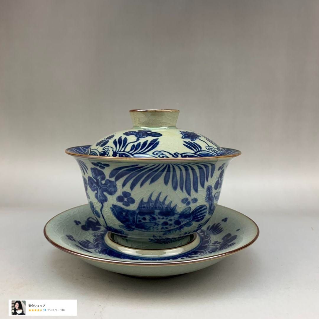 中国茶器 景徳鎮 陶磁器 鯖藻紋開片三才蓋碗 茶道具 工芸品 置物
