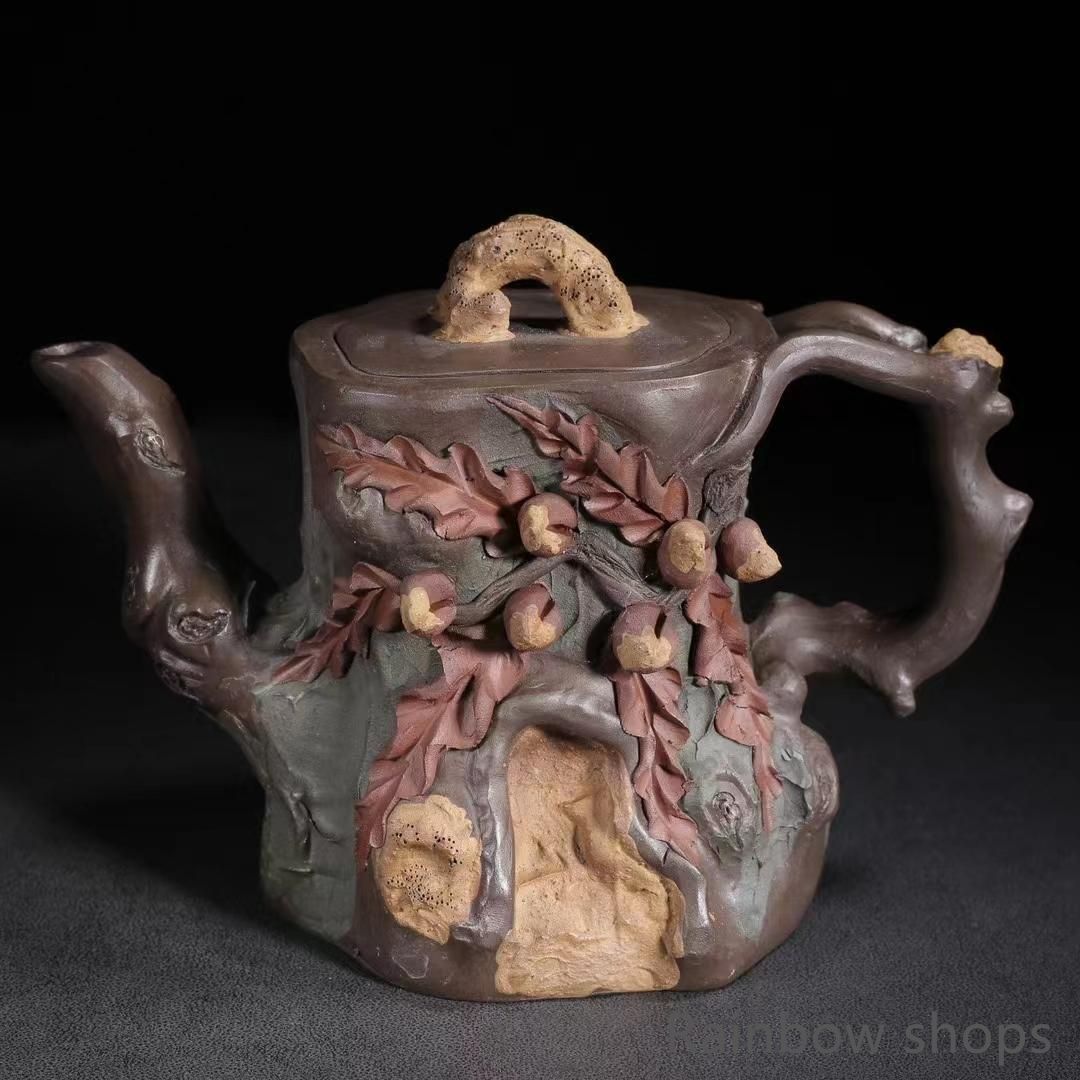 中国美術 紫泥 紫砂 切株 茶道具 急須 古美術 新品未使用】中国古美術・宜興原鉱紫泥 樹・・紫砂壺・底款:蒋蓉