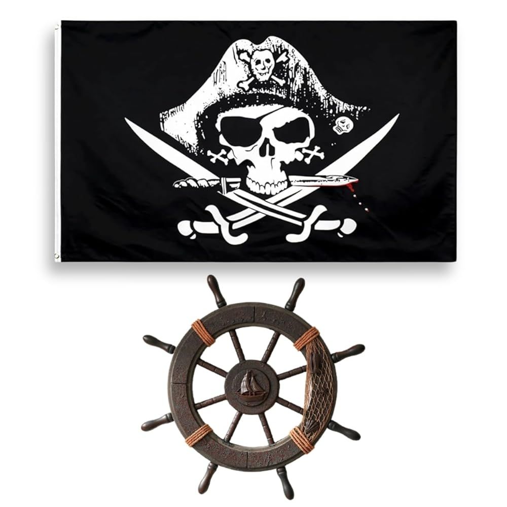 SALUDABLE 海賊 舵輪 旗 どくろ アンティーク 雑貨 船 壁掛け 置物
