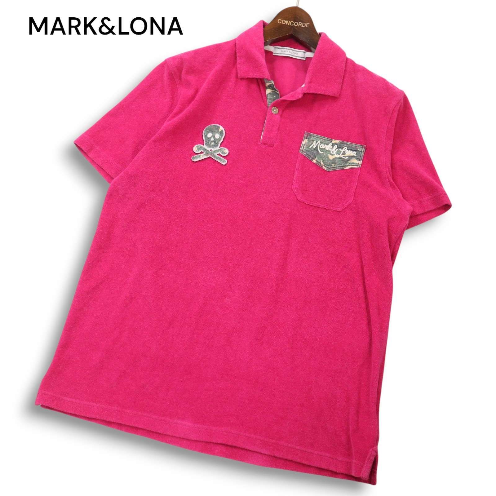 【MARK&LONA】ゴルフポロシャツ スカルワッペン ロゴボタン レディースM MARK&LONA 【新品】マークアンドロナ 半袖ポロシャツ ブルー