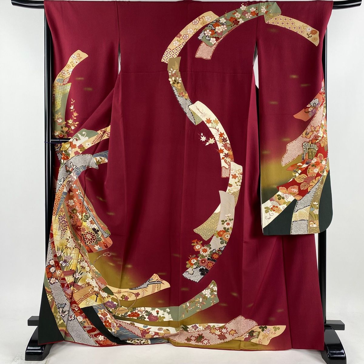 振袖 身丈169cm 裄丈67.5cm L 袷 熨斗 橋 金銀彩 染め分け えんじ色 