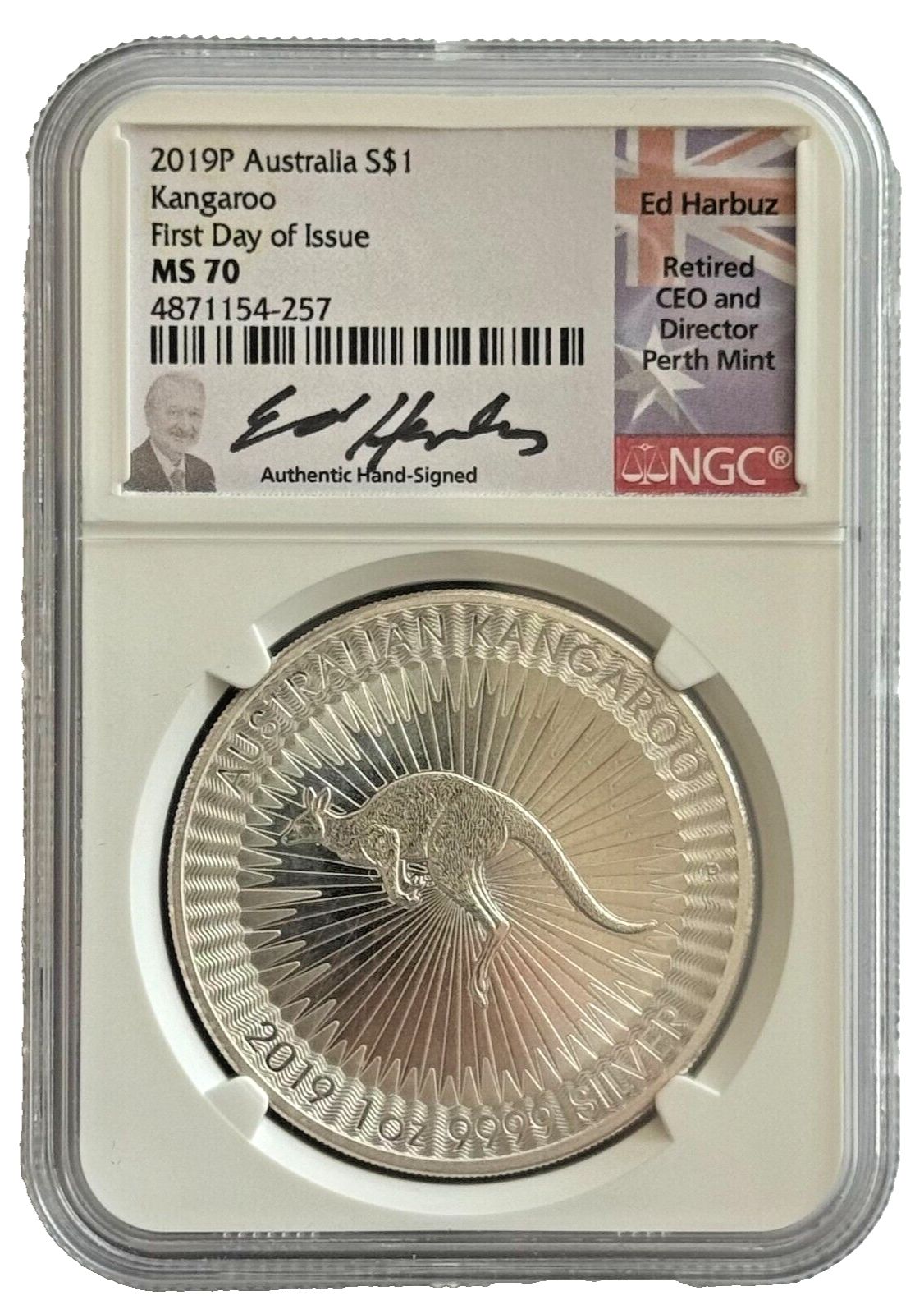 2019p Atralia s$1 kangaroo First Day Issue MS70 hand signed by Ed Harbuz