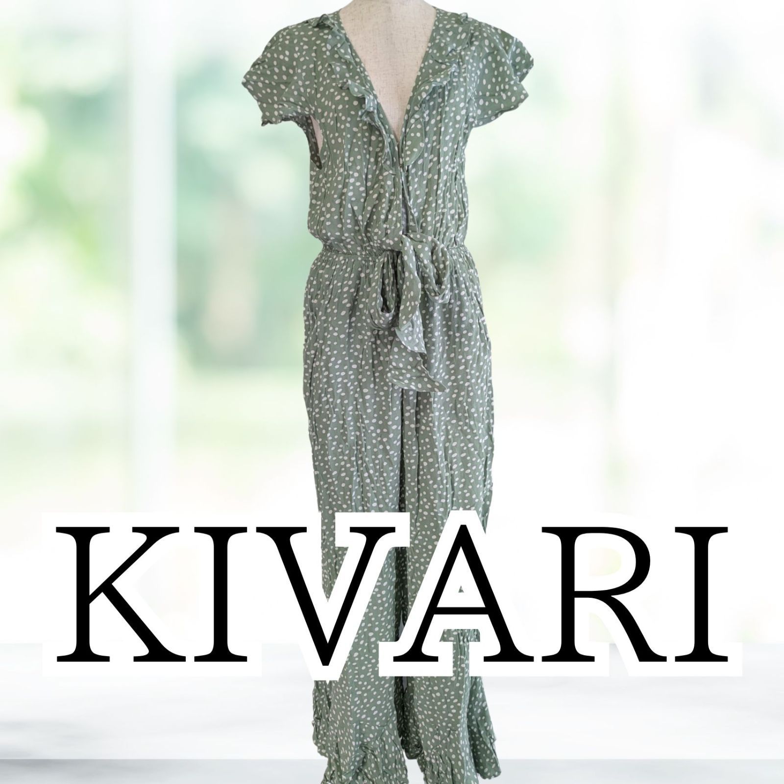 未着用 KIVARI ノースリーブオールインワンワイドパンツドレス ドット柄 グリーン Ｓサイズ レディース キバリ