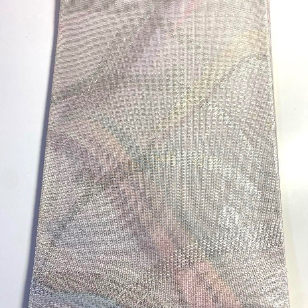 4k1020 袋帯 絹 夏帯 夏物 紗 波縞 グレー 銀色 ピンク 青 黄色 紫 