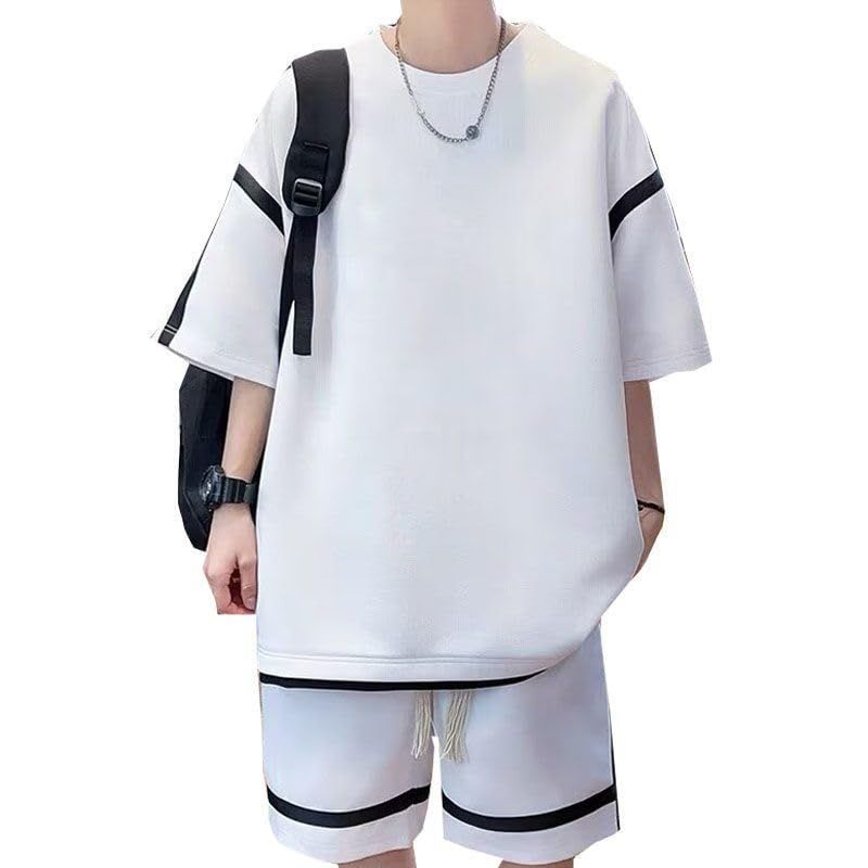 Size:XL_Color:17#ホワイト [BUTMYJ] メンズ Tシャツ 半袖 上下 セット 