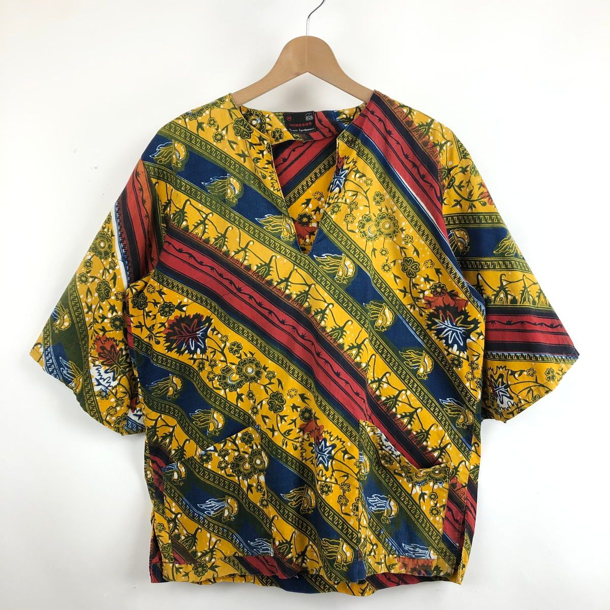 【古着】 WINDSOR sportswear エスニックシャツ プルオーバー バティック風 フレアスリーブ 半端袖 マルチカラー メンズM 【中古】 n029956