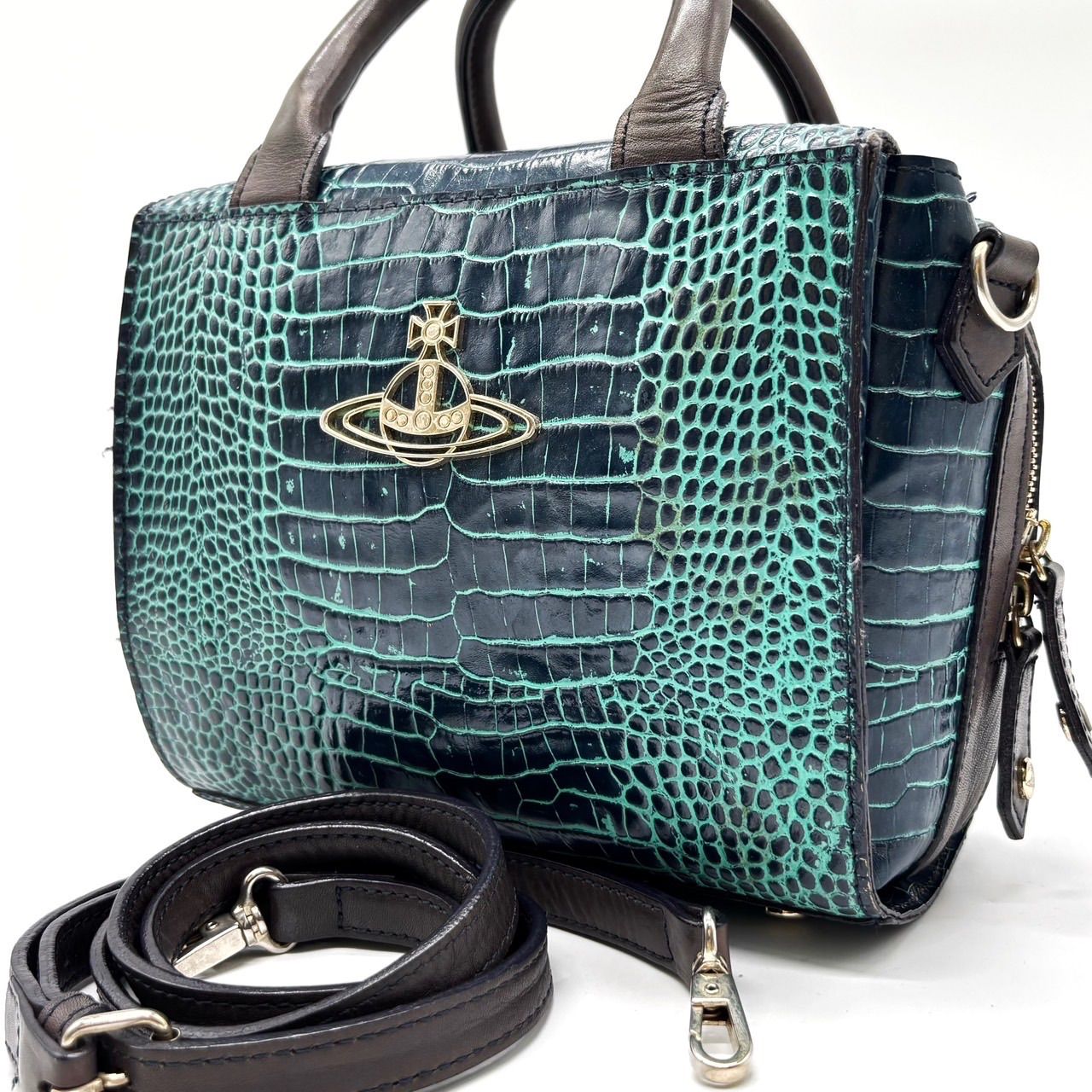 ヴィヴィアンウエストウッドトートバッグクロコ型押しレザーブルーオーブ