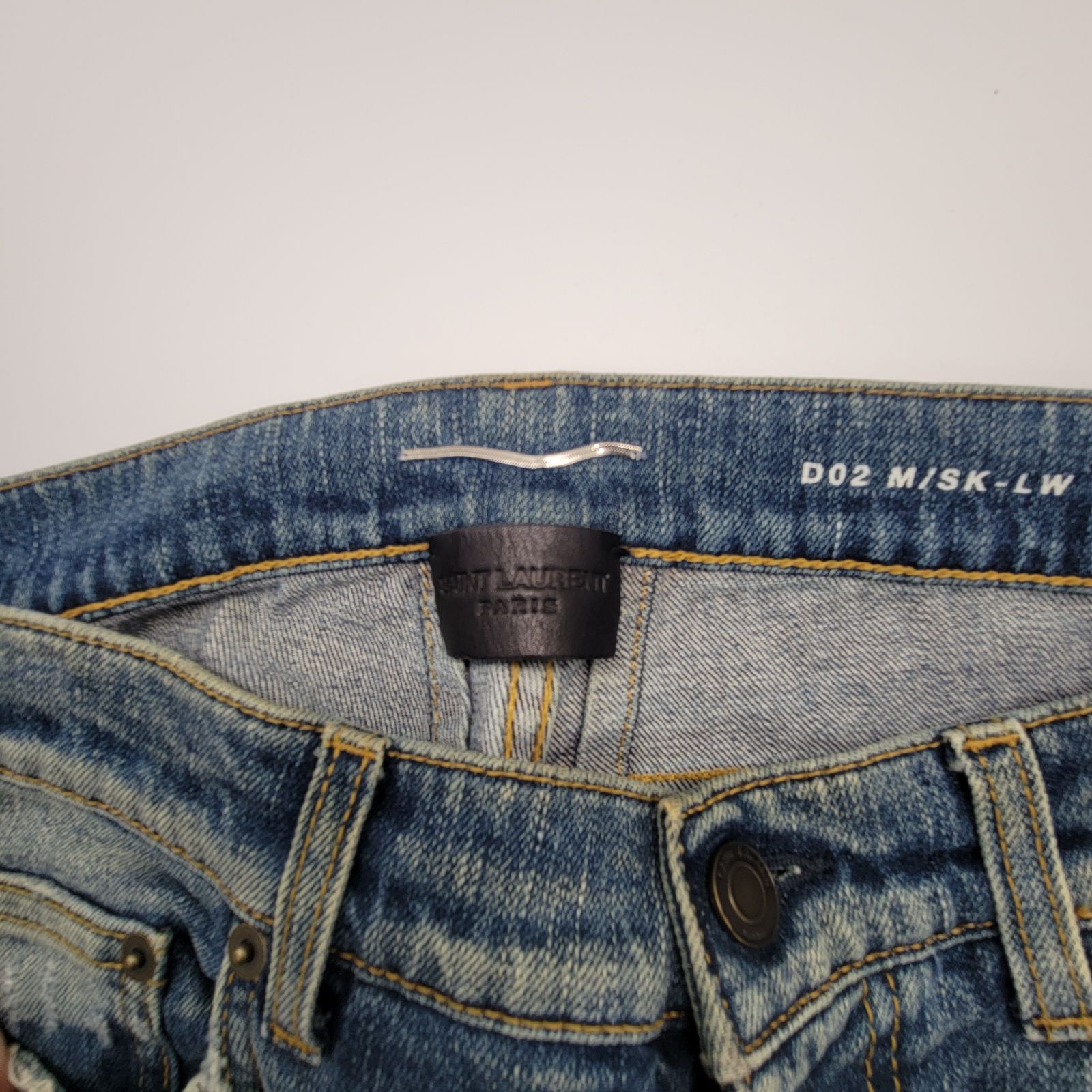 サンローランパリ D02 スキニー ダメージ デニム 29 レザーパッチ