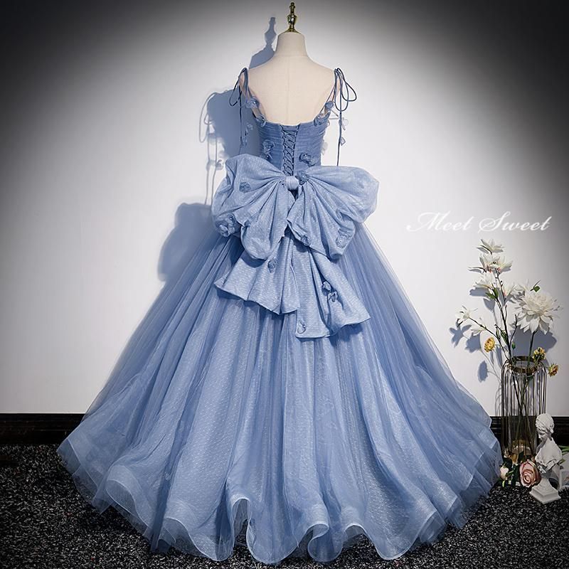 ドレス 編み上げ ブルー 袖なし リボン ステージドレス ロングドレス 結婚式 二次会 発表会 演奏会 ウェディングドレス ウエディングドレス Aラインドレスsjk