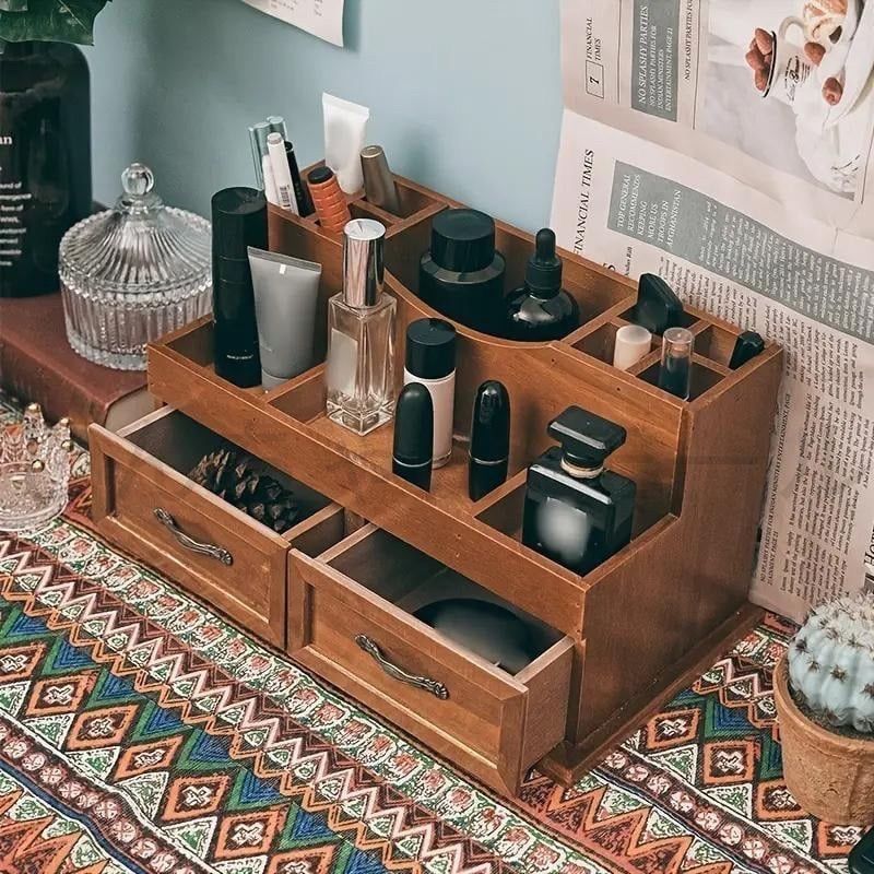 ヴィンテージスタイル木製収納ボックス 卓上 ジュエリー アクセサリー 化粧品 香水 収納ケース メイク道具収納 大容量多機能 小物収納 おし