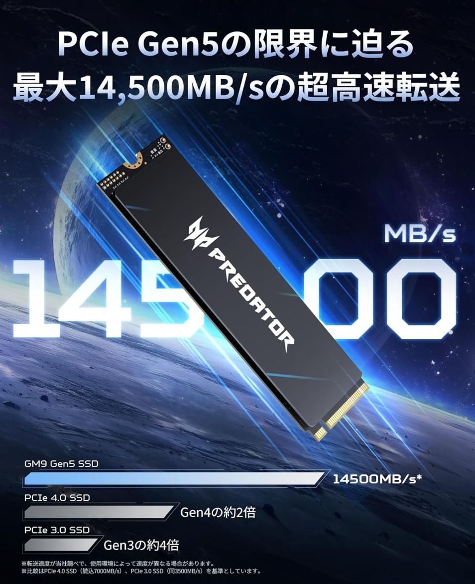 内蔵型SSD Predator GM9 Gen5 M.2 SSD 4TB NVMe2.0 Acer Predator Gen5 M.2 SSD 4TB GM9 NVMe2.0 2280 PCIe Gen5×4 超