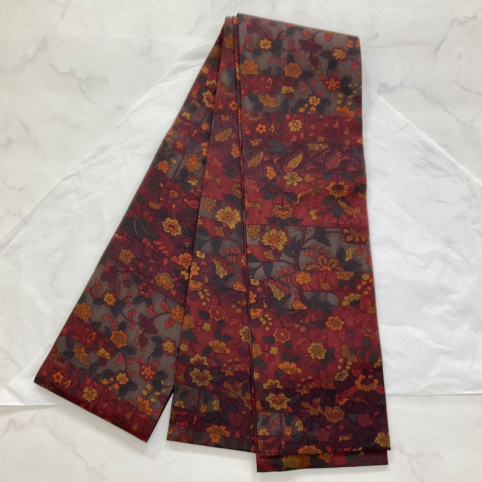 kimono+one○未使用同然○最高級○塩瀬の更紗模様の半幅帯○長尺○正絹 