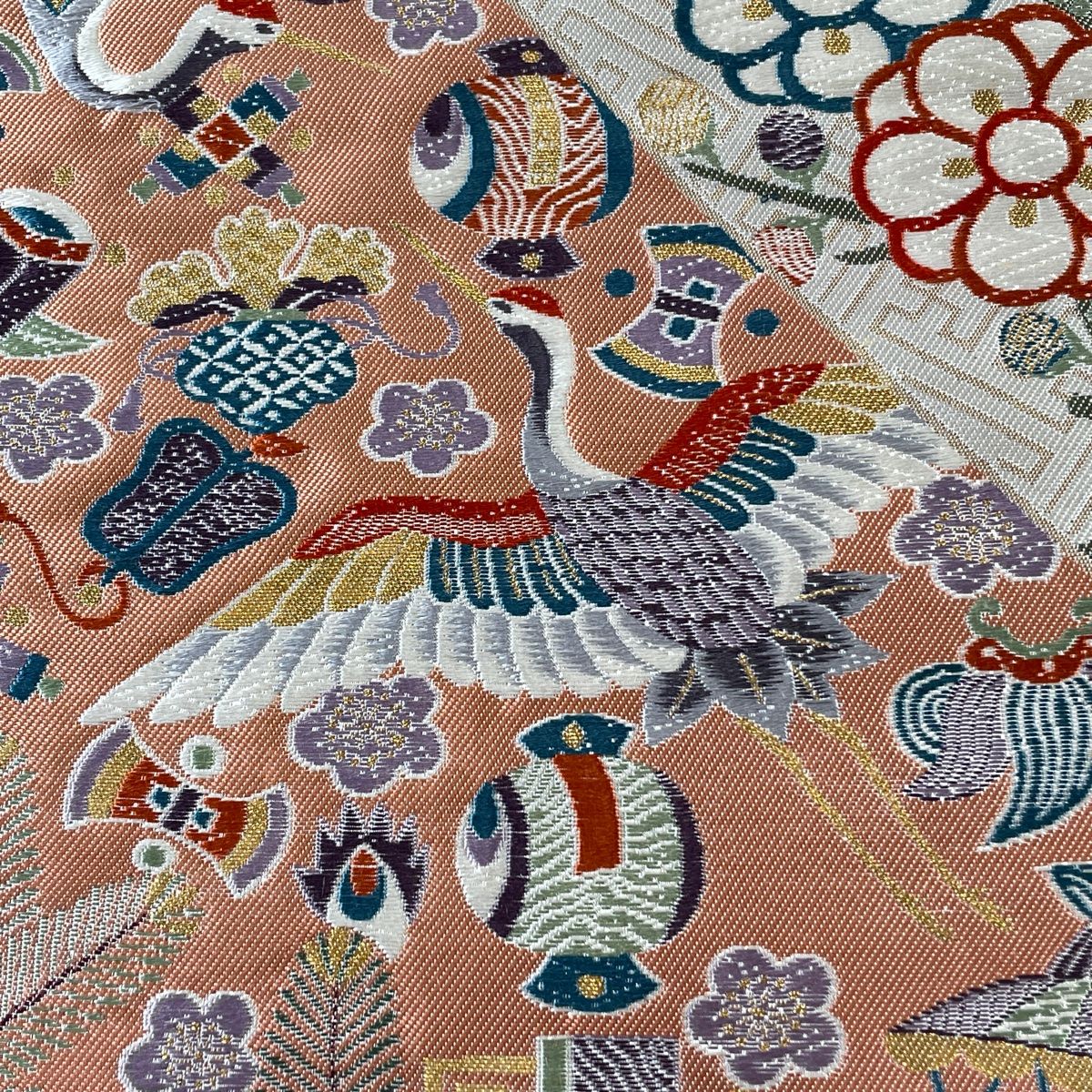 袋帯 秀品 鶴 宝尽くし 金糸 唐織 灰白 六通 正絹 【中古