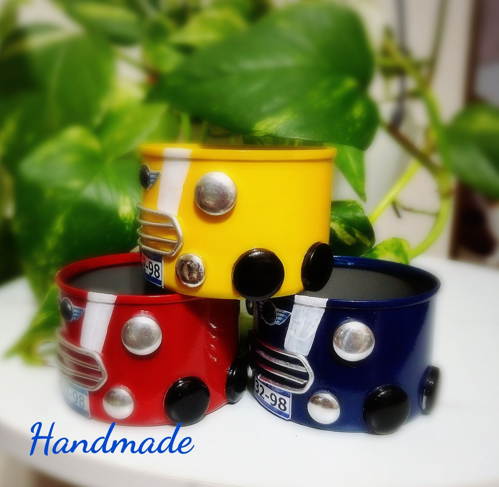 リメイク缶 ミニクーパー 3色セット 車 多肉植物の鉢に 小物入れに