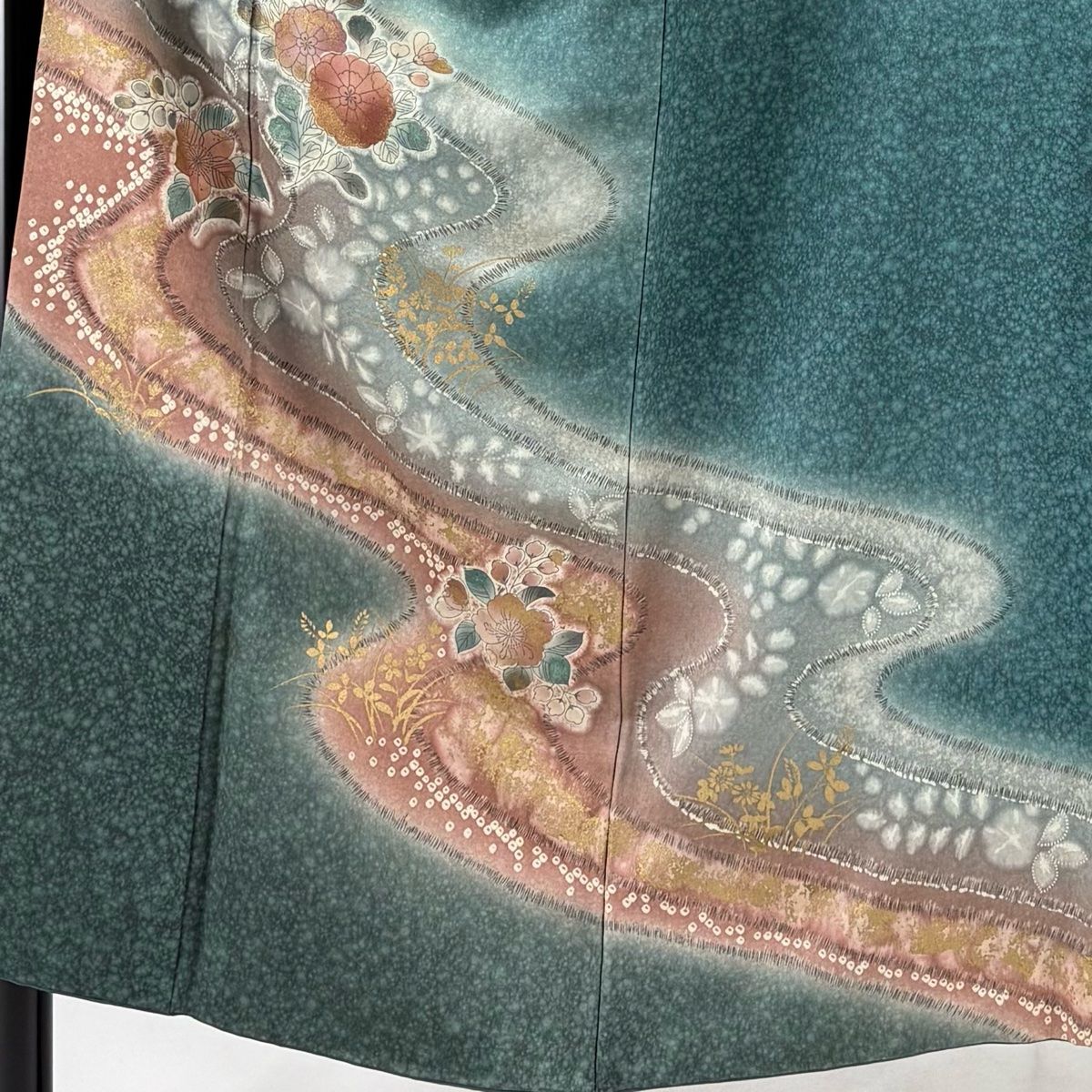 訪問着 身丈151cm 裄丈64cm M 袷 草花 流水 金彩 ぼかし 緑 正絹 秀品