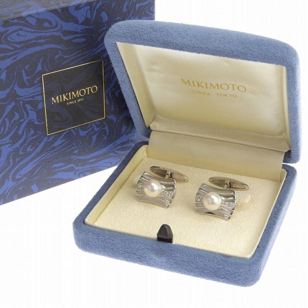 ミキモト K18WG パール ダイヤモンド カフリンクス 本物保証】 箱付 超美品 ミキモト MIKIMOTO パール カフスボタン