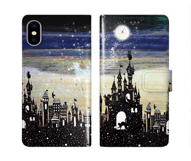 [AQUOS sense6S SHG07] iPhone16 ケース スカラー スマホケース 手帳型 iPhone16 Pro ケース アイフォン16 15 14 13 12 11 スマホカバー 全機種対応 手帳 ScoLar 夜の街並み ウマ ネコ メルヘン