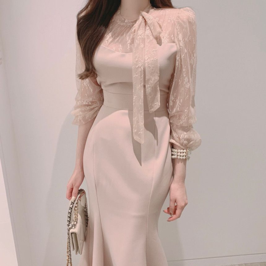 シースルー長袖 胸元リボンタイ 膝丈タイトワンピース ピンク 発表会 かわいい レディース 服 韓国