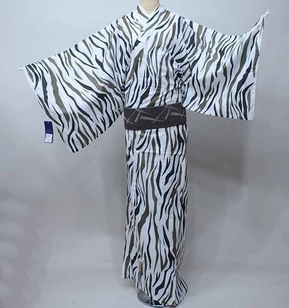 浴衣 6点セット 男性用 白色×茶色 ゼブラ柄 5Lサイズ 綿100％ 角帯 下駄 信玄袋 腰紐2本 夏祭り 花火大会 NO40811-02