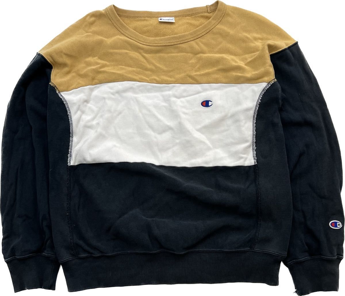 Champion  古着らしい風合い デザイン スウェット シャツ トレーナー ネイビー ホワイト ベージュ L アメカジ チャンピオンEF283