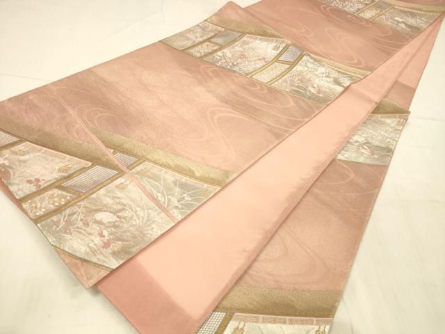 M203 夏帯　ブルー　花模様　流水　六通　正絹　袋帯　美品 平和屋着物＊夏物 六通柄袋帯 流水草花文 金銀糸 正絹 逸品