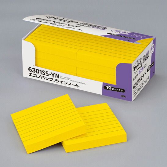 まとめ買い スリーエム ポストイット 強粘着ノート 罫線入り 75×75mm 90枚×10パッド ビビッドイエロー 6301SS-YN ×3セット