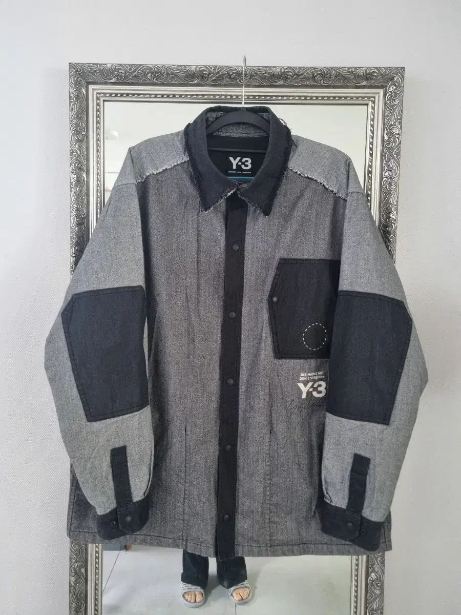 75万程度 Y-3 ヘリンボーン デニム パッチワーク オーバ シャツ ジャケット L