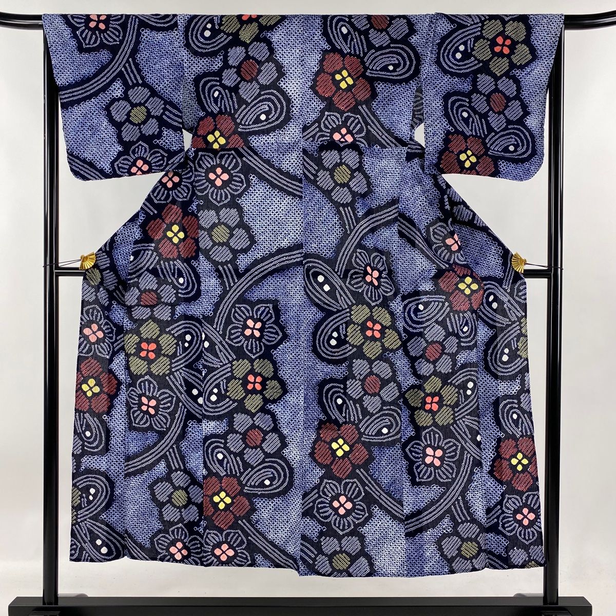 浴衣 身丈151.5cm 裄丈66cm M 絞り浴衣 草花 藍色 綿 名品