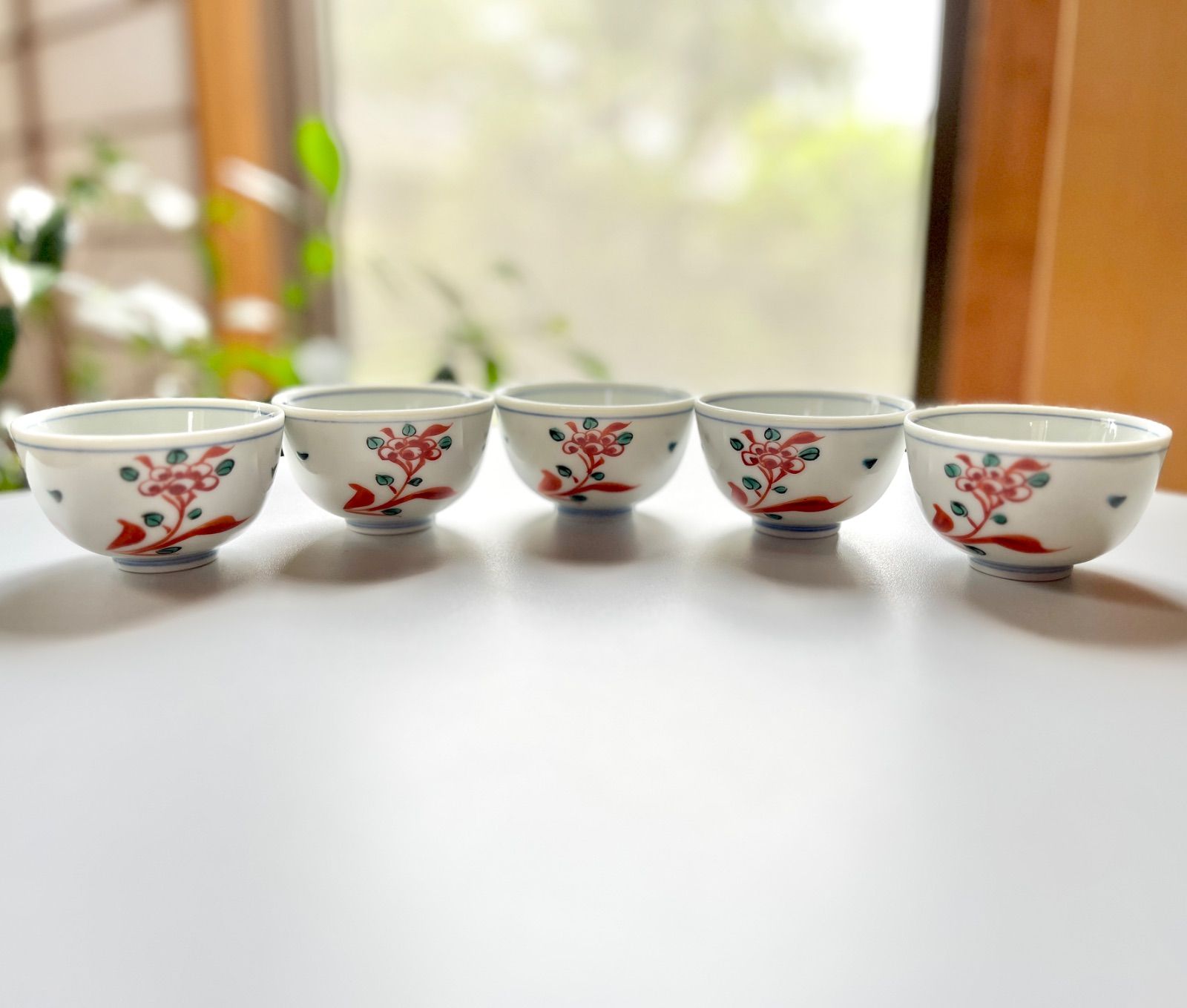 九谷焼 煎茶碗 花 赤絵 5客セット 上出長右衛門作 ︎アーカイブ品 ︎