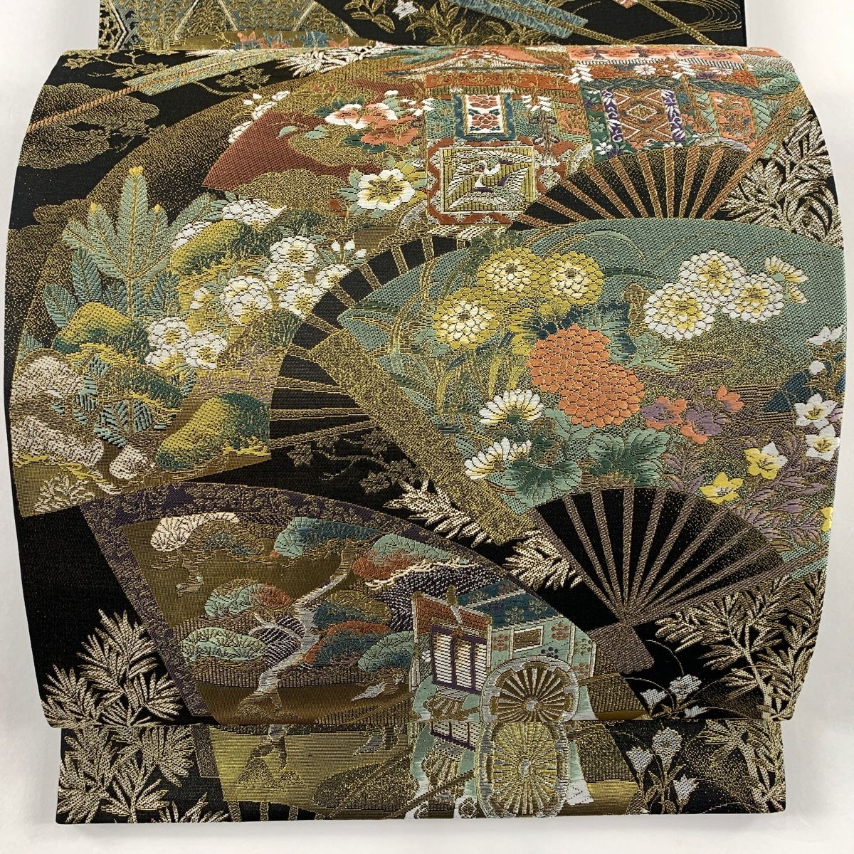 丸帯 美品 逸品 流水 花鳥 箔 金糸 墨色 正絹 【中古】（丸帯 美品  