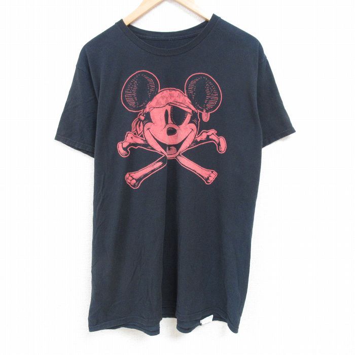 XL/古着 ヘインズ Hanes 半袖 Tシャツ メンズ ディズニー DISNEY ミッキー MICKEY MOUSE 大きいサイズ ロング丈 コットン クルーネック 黒 