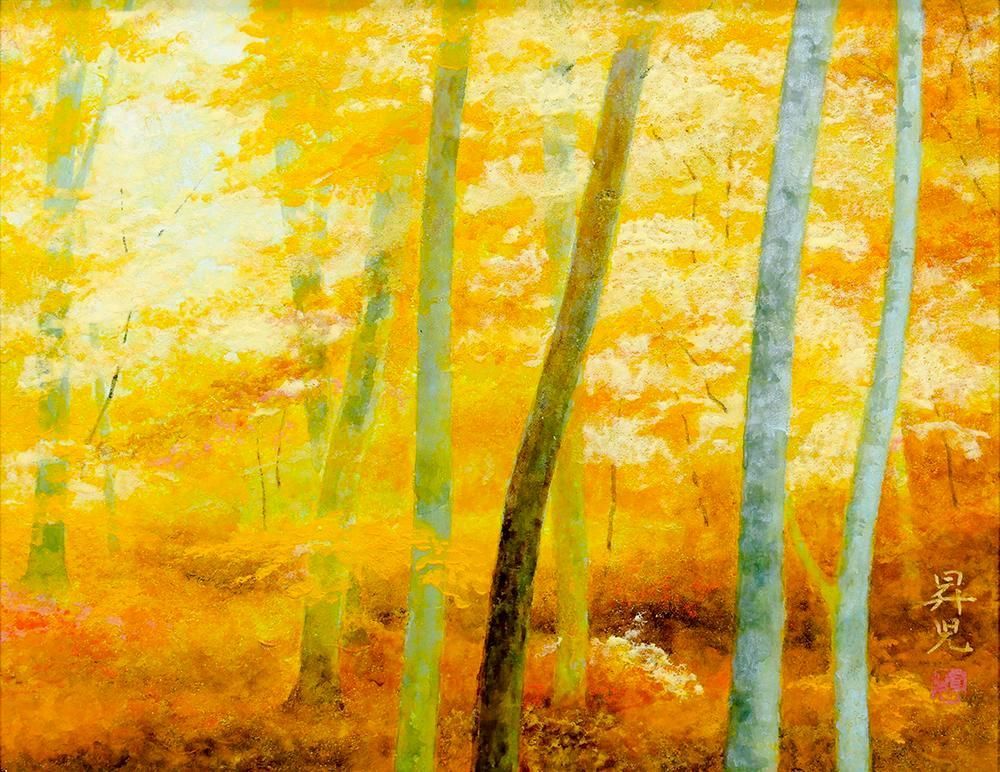 【真作】絵画　柴田一雄　日本画　早春　大正生まれの日展画家　共シール　V56 真作】【WISH】浜田昇児「秋林」日本画 6号 金落款 共シール