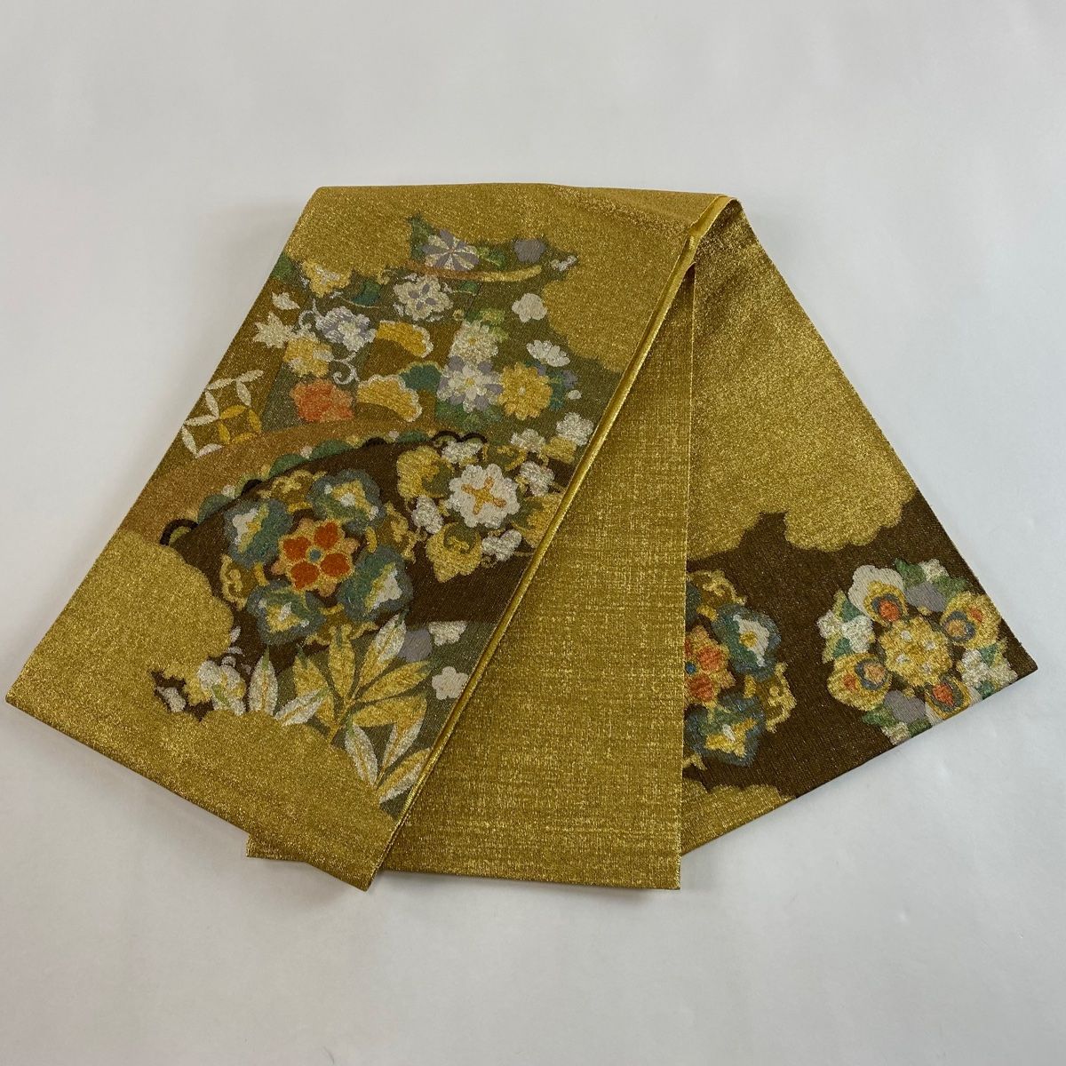 明綴れ織 手織 蜀江文 袋帯 華紋 四季の花々 正絹 お太鼓柄 Q1217 明